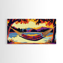 Hammock View, Relaxing Lake, Golden Sunset, Vibrant Home Decor, Framed Canvas Print, Boho Wall Art, Tranquil Nature Scene