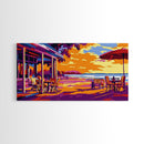 Beach Café, Vibrant Coastal Scene, Warm Color Wall Art, Sunset Patio Print, Boho Home Decor, Framed Canvas Print, Dining Room Wall Art