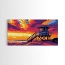 Lifeguard Tower, Beach Sunset, Coastal Landscape, Ocean Home Decor, Framed Canvas Print, Modern Wall Art, Vibrant Seaside Scene