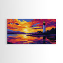 Seaside Lighthouse, Golden Sunset, Ocean Wall Art, Nautical Decor, Framed Canvas Print, Coastal Living Room Artwork, Vibrant Landscape