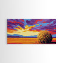 Haystack Field, Golden Sky, Rustic Farmhouse Art, Autumn Country Scene, Framed Canvas Print, Warm Home Decor, Vibrant Wall Artwork