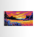Meadow Sunset, Vibrant Landscape, Nature Wall Art, Rustic Farmhouse Decor, Framed Canvas Print, Warm Home Artwork, Countryside Scene