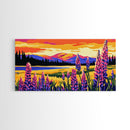 Mountain Meadow, Lupine Flowers, Vibrant Sunset, Framed Canvas Print, Colorful Landscape Art, Nature Wall Decor, Boho Home Art
