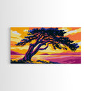 Windswept Tree, Sunset Lake, Coastal Tranquility, Framed Canvas Print, Modern Nature Wall Art, Earthy Boho Decor, Vibrant Landscape