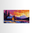 Mountain Cabin, Snowy Retreat, Cozy Lodge, Vibrant Sunset, Nature Art, Rustic Home Aesthetic, Living Room or Bedroom, Canvas Print