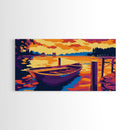 Wooden Boat, Serene Water Landscape, Calm Lake Scene, Vibrant Sunset Art, Framed Canvas Print, Living Room Wall Decor, Rustic Home Style