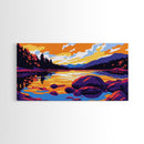 Mountain Lake, Tranquil Waters, Serene Landscape, Colorful Sky, Nature Wall Art, Office Space, Rustic Style, Canvas Print