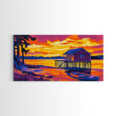 Cabin on Water, Peaceful Lakeside Art, Vibrant Sunset Reflection, Cozy Retreat Decor, Framed Canvas Print, Bedroom Artwork, Home Ambiance