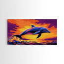 Dolphin Jumping, Ocean Wildlife Art, Vibrant Marine Scene, Playful Sea Life Painting, Framed Canvas Print, Beach House Decor, Nautical Art