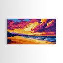 Beach, Ocean, Sunset, Framed Canvas Print, Coastal Wall Art, Seascape Painting, Vibrant Beach Scene, Relaxing Decor, Bedroom Art