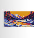 Snowy Mountains, River Sunset, Framed Canvas Print, Winter Landscape Art, Alpine Lodge Decor, Colorful Nature Art, Office Wall Art