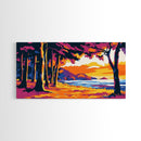 Tropical Beach, Sunset Waves, Palm Tree Art, Coastal Wall Art, Beach House Decor, Framed Canvas Print, Colorful Ocean Painting
