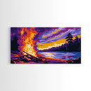 Bonfire Night, Lakefront Fire Scene, Autumn Evening Glow, Vibrant Outdoor Art, Framed Canvas Print, Man Cave Wall Decor, Cozy Home Design