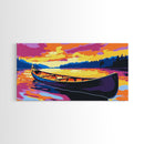 Canoe on Lake, Serene Water Reflection, Vibrant Sunset Art, Nature Scene, Framed Canvas Print, Living Room Decor, Cabin Wall Artwork