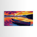 Canoe Sunset Lake, Reflection, Nature, Framed Canvas Print, Wall Art, Vibrant Landscape, Cabin Decor, Rustic Home, Outdoor Adventure