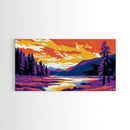 Forest, River, Sunset Sky, Vibrant Nature Scene, Framed Canvas Print, Wall Art, Cabin Home, Cozy Retreat, Outdoor Lovers, Rustic Aesthetic