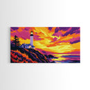 Lighthouse, Coastal Sunset, Ocean View, Nautical Wall Art, Framed Canvas Print, Beach House Decor, Seaside Painting, Vibrant Art