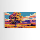 Majestic Tree, Open Field, Mountain View, Canvas Print, Living Room Wall Art, Modern Rustic Decor, Nature Scene, Sunset Painting