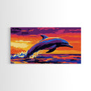 Jumping Dolphin at Sunset, Framed Canvas Print, Ocean Wall Art, Vibrant Marine Painting, Coastal Decor, Beach House Aesthetic