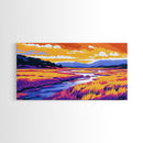Golden Field River View, Canvas Print, Colorful Nature Art, Tranquil Landscape Painting, Boho Aesthetic, Living Room Wall Decor