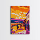 Sunset Village, Walkway, Framed Canvas Print, Mediterranean Street Art, Colorful Cityscape, Urban Wall Decor, Warm Tones
