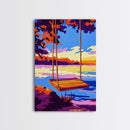 Lake Swing, Sunset, Canvas Print, Serene Nature Art, Vibrant Reflection Painting, Boho Wall Decor, Cozy Home Art, Bedroom Wall Artwork