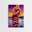Nautical Knot, Coastal Wall Art, Sunset Over Water, Rustic Rope Art, Framed Canvas Print, Lake House Decor, Nautical Home Accent