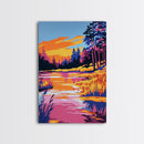 Forest Twilight, Golden Hour Reflection, Tranquil Landscape, Nature Serenity, Framed Canvas Print, Cozy Cabin Decor, Fall Art