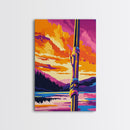 Dock Post, Sunset Reflection, Nautical Art, Framed Canvas Print, Seaside Painting, Rustic Decor, Boat Lover Gift, Office Wall Art