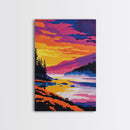 River Sunset, Misty Mountain, Tranquil Landscape, Framed Canvas Print, Nature Wall Art, Vibrant Painting, Home Office Decor, Cabin Gift