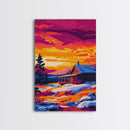 Sunset Cabin, Cozy Retreat, Rustic Nature, Framed Canvas Print, Winter Wall Art, Log Cabin Scene, Sunset Painting, Warm Color Decor