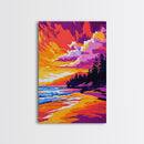 Beach Sunset, Ocean Waves, Coastal Landscape, Canvas Print, Boho Wall Art, Vibrant Sky Painting, Seaside Decor, Living Room Artwork