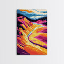 River Valley, Scenic Landscape, Mountain View, Framed Canvas Print, Nature Wall Art, Rustic Home Decor, Colorful Sunset Painting