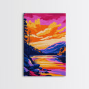Mountain Lake, Golden Hour, Bold Color Art, Framed Canvas Print, Wilderness Wall Art, Rustic Home Decor, Cabin Aesthetic, Modern