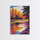 Tranquil Lake, Sunset Serenity, Dreamy Landscape, Bold Contrast, Framed Canvas Print, Cabin Decor, Cozy Retreat, Wall Art