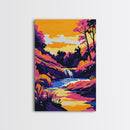 Waterfall Serenity, Vibrant Landscape, Sunset Glow, Nature Wall Art, Framed Canvas Print, Living Room Decor, Bold Colors