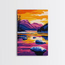 Rocky River, Majestic Mountains, Sunset Reflections, Vibrant Colors, Framed Canvas Print, Living Room Wall Art, Bold Landscape