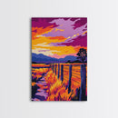 Countryside Sunset, Canvas Print, Vibrant Rural Scene, Barbed Wire Fence, Warm Autumn Hues, Western Home Decor, Cozy Living Room Wall Art