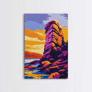 Coastal Rock, Vibrant Seascape Painting, Sunset Ocean Art, Framed Canvas Print, Modern Beach Wall Decor, Office Wall Art, Nautical Art