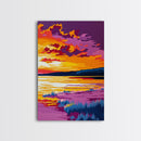 Twilight Reflection, Serene Water Art, Vibrant Sunset Print, Framed Canvas Print, Living Room Wall Decor, Boho Style Art, Relaxing Artwork