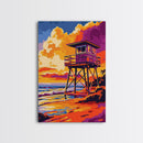 Lifeguard Tower, Beach Sunset, Coastal Summer Art, Vibrant Seascape, Framed Canvas Print, Ocean Lover Decor, Nautical Wall Art