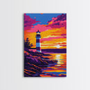 Lighthouse, Sunset, Coastal, Seascape, Framed Canvas Print, Nautical Decor, Beach House Wall Art, Vibrant Ocean Painting, Living Room Art