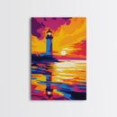 Lighthouse, Reflection, Ocean, Sunset, Framed Canvas Print, Nautical Decor, Beach House Wall Art, Coastal Scene, Bright Wall Art