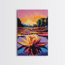 Water Lily, Sunset, Pond, Nature, Framed Canvas Print, Botanical Wall Art, Floral Painting, Bedroom Art, Serene Watercolor Vibes