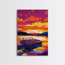 Dock, Lake, Boat, Sunset, Framed Canvas Print, Nautical Wall Art, Relaxing Lake House Decor, Living Room Art, Tranquil Scenic Painting