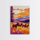 Elk Herd, Mountain Sunset, Wildlife Painting, Framed Canvas Print, Rustic Cabin Wall Art, Autumn Nature Decor, Bold Landscape Artwork