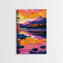 Mountain Lake, Sunset Sky, Nature Reflection, Framed Canvas Print, Cabin Decor, Bold Landscape Painting, Vibrant Scenic Artwork
