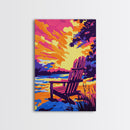 Adirondack Chair, Sunset Lake, Relaxing Art, Vacation Vibes, Framed Canvas Print, Outdoor Decor, Summer Wall Art, Nature Painting
