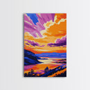 Sunset Over Cliffs, Vibrant Sky, Framed Canvas Print, Bold Landscape, Large Artwork, Living Room Art, Gift Idea, Colorful Painting