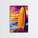 Surfboard Sunset, Vibrant Beach, Framed Canvas Print, Coastal Wall Art, Boho Decor, Large Artwork, Bedroom Art, Modern Painting, Gift Idea